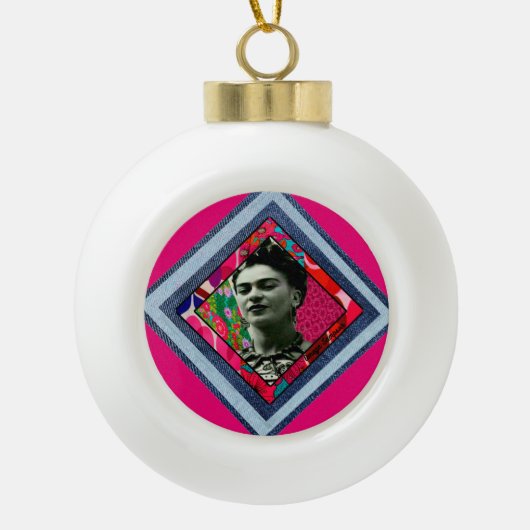 Frida Kahlo Retro Denim Diamond Keramische Bal Ornament (Voorkant)