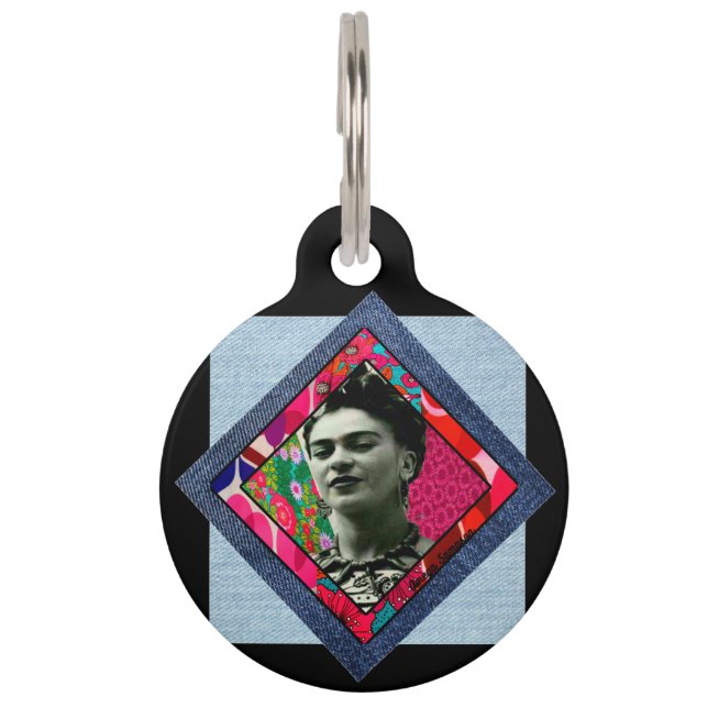 Frida Kahlo Retro Pink Denim Huisdierpenning (Voorkant)