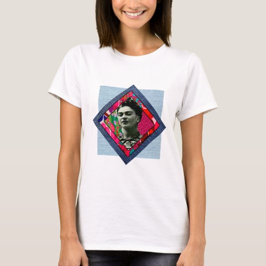 Frida Kahlo Retro Pink Denim T-shirt (Voorkant)