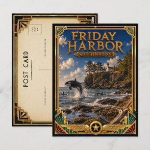 Friday Harbor Washington Vintage Art Deco Goud Briefkaart
