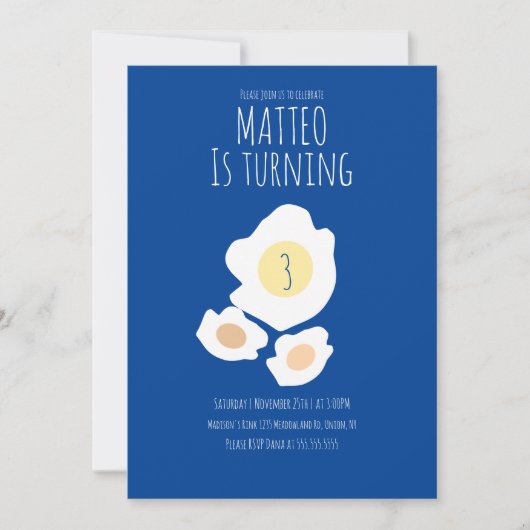 Fried Egg Turning Three Birthday Invitation Kaart (Voorkant)