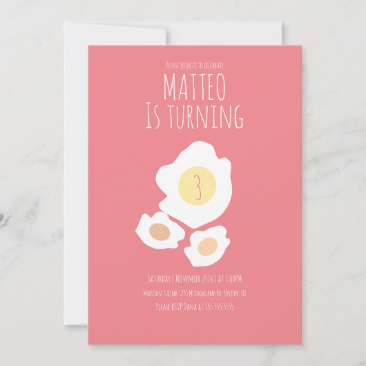 Fried Egg Turning Three Birthday Invitation Kaart (Voorkant)