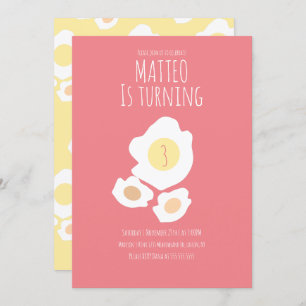 Fried Egg Turning Three Birthday Invitation Kaart