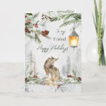 Friend Winter Woodland Scene Wolf Carte de voeux<br><div class="desc">Une magnifique carte d'hiver Woodland pour votre Ami. Ce dessin présente une aquarelle illustrant une scène de bois hivernal avec le loup. Vous pouvez utiliser cette carte pour n'importe quel séjour d'hiver,  juste pour dire penser à vous ou vous remercier</div>