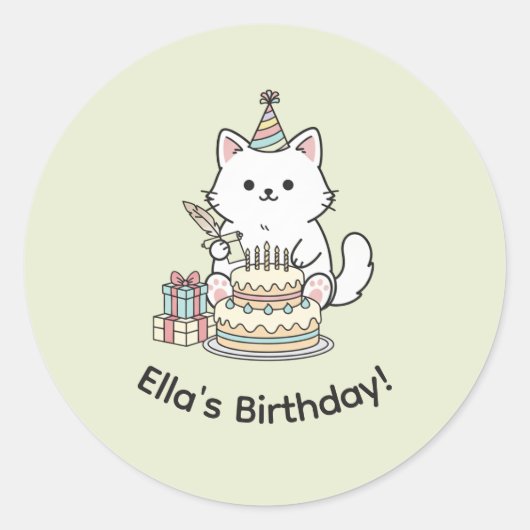 Friendly Cat Birthday Celebration Cake Presents  Ronde Sticker (Voorkant)