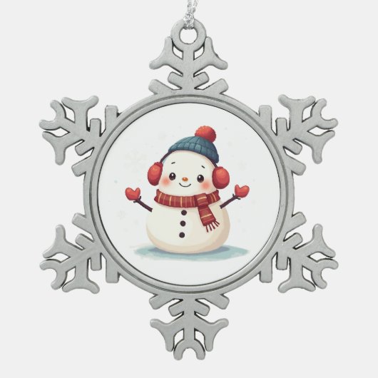 Friendly Cozy Kawaii Snowman Snowflake Tin Sneeuwvlok Ornament (Voorkant)