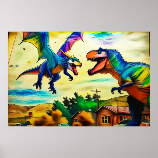 Friendly Encounter - Dragon and Dinosaur Poster (Voorkant)
