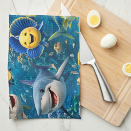 Friendly shark and friends underwater tea towel theedoek