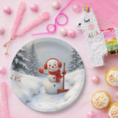 Friendly Snowman with a Red Shovel Papieren Bordje (Feest)