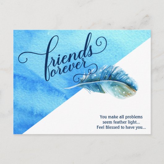 Friends Forever Briefkaart Blue Waterverf Feather (Voorkant)