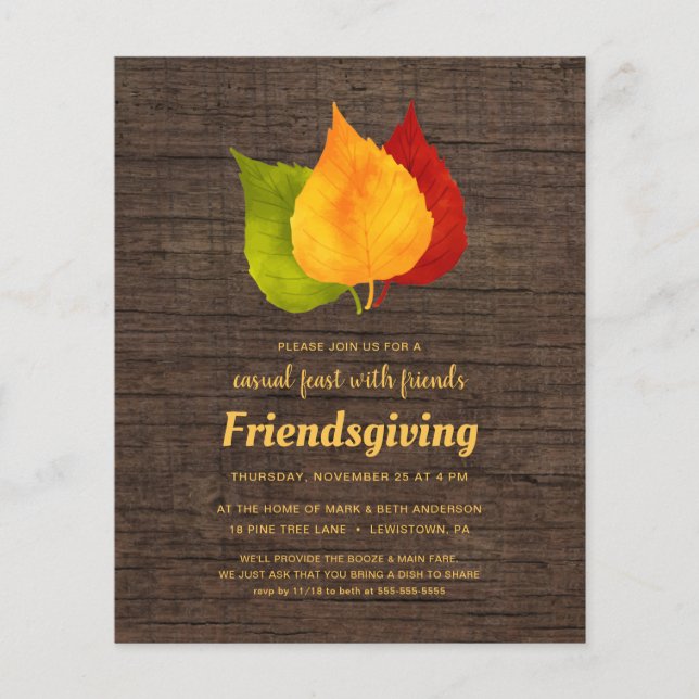 FRIENDSGIVING FALL LEAVES RUSTIC WOOD INVITE (Voorkant)
