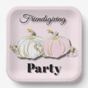 Friendsgiving Party Pink White Pumpkins Papieren Bordje