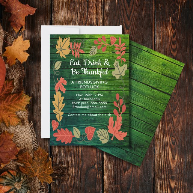 Friendsgiving Potluck Diepe Kleur Groen Hout Invit (Friendsgiving Potluck Deep Color Green Wood Invite)