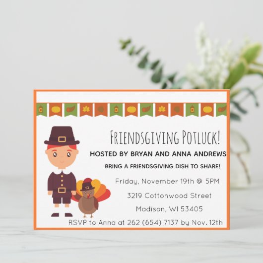 Friendsgiving Potluck Pilgrim Turquie Invitation (Debout devant)