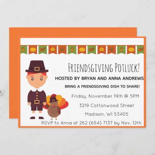 Friendsgiving Potluck Pilgrim Turquie Invitation (Devant / Derrière)