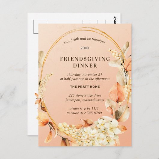 Friendsgiving Rustic Floral Briefkaart Invitation (Voorkant / Achterkant)