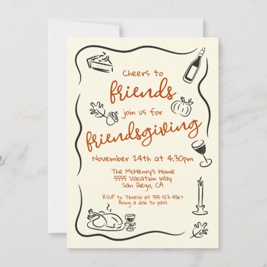 Friendsgiving Thanksgiving Hand getrokken Doodle Kaart (Voorkant)