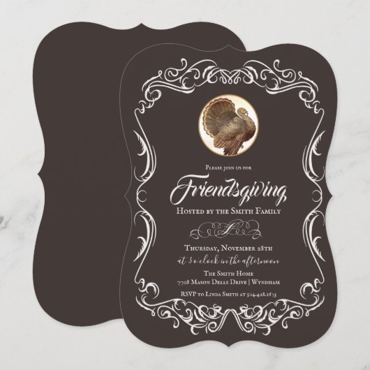 Friendsgiving Vintage Turkey Holiday Invitation (Devant / Derrière)