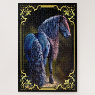 Friesiaanse hengst in spotlight, schilderij legpuzzel