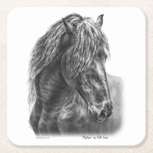 Friesian Horse Portrait Wavy Mane Vierkante Kartonnen Onderzetter
