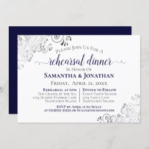 Frilly Elegant Navy Blue Wedding Rehearsal Dinner Kaart