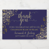 Frilly Gold op marinesblauwe bruiloft Bedankt Mini Sparkling Wijnetiket (Enkel label)