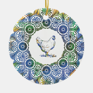 Frilly kip in blauw en groen keramisch ornament