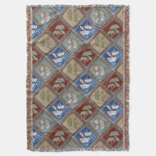Fringed Throw deken met tekenwerktuig gingko print (Voorkant Verticaal)