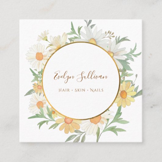 Frisse madeliefjes en gouden cirkel visitekaartje (Voorkant)