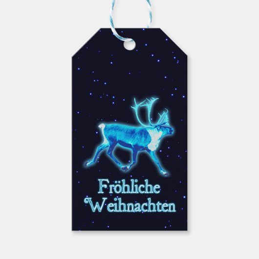 Froehliche Weihnachten - Blue Cariou (rendiervis) Cadeaulabel (Voorkant)