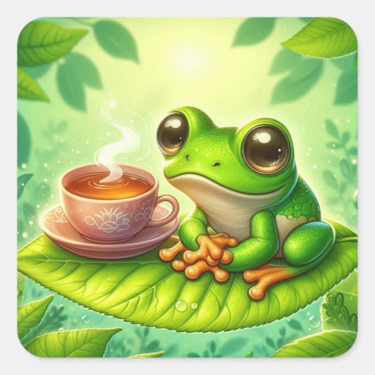 Frog on Leaf with  Vierkante Sticker (Voorkant)