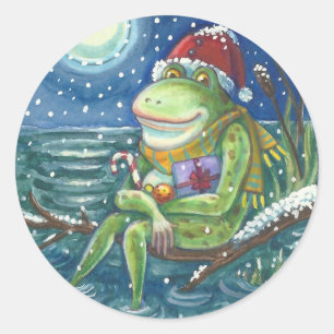 FROG SANTA OP LOG, HOLLIDAY KERST STICKERS Rnd