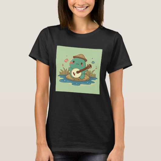 Frog wearing cute hat playing banjo in pond with b t-shirt (Voorkant)