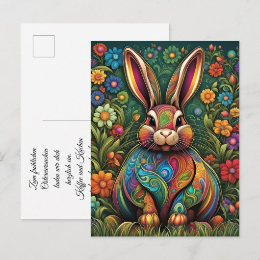 Frohe Ostern - Osterhase in Blumen 2 Uitnodiging Briefkaart (Voorkant / Achterkant)