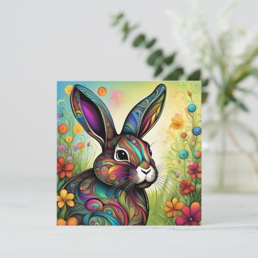 Frohe Ostern - Osterhase in Blumen Kaart (Staand voorkant)