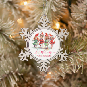 Frohe Weihnachten Duitse kerstelfen Tin Sneeuwvlok Ornament