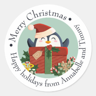 Frohe Weihnachten Geschenkaufkleber mit Pinguin Ronde Sticker