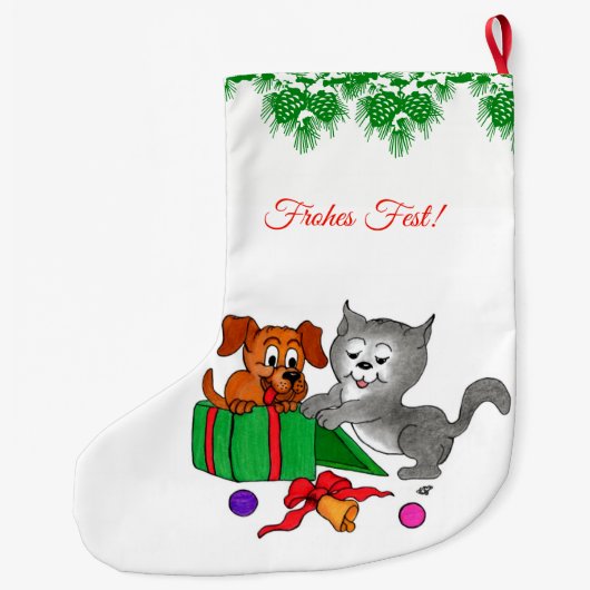 Fröhliche Weihnachten, Hund und Katze auf Deutsch Grote Kerstsok (Achterkant)