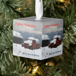 Fröhliche Weihnachten - Old Red Truck Kubus Ornament