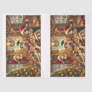 Fröhliche Weihnachtswerkstatt mit Elfen beim Spiel Tissuepapier