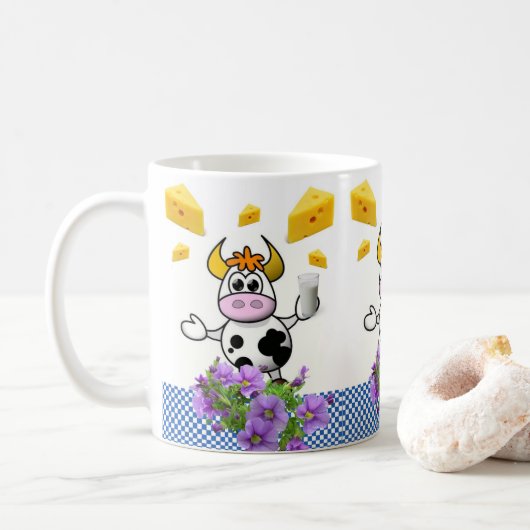 Fromage Plaid Bleu Vache Mug Floral (Avec donut)