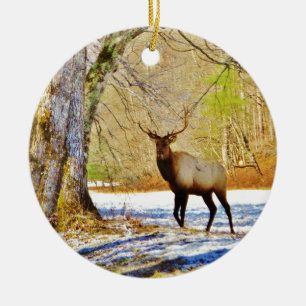 > frontale stier in sneeuw keramisch ornament