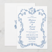 Frontière Florale Toile Bleu Invitation 03 (Devant / Derrière)