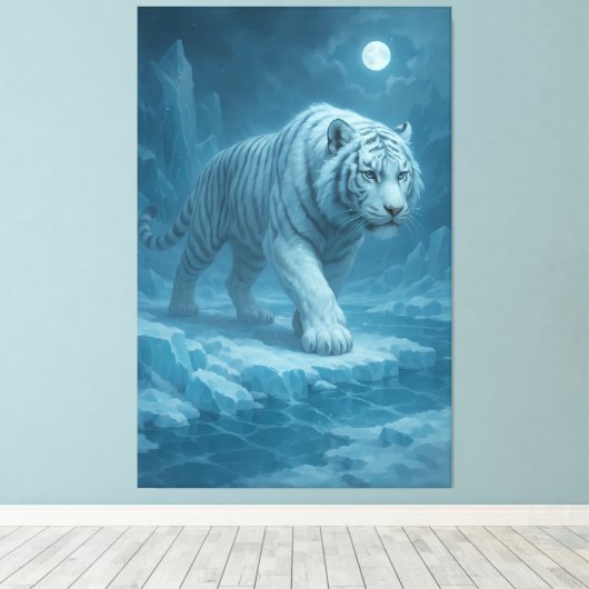 Frost King White Tiger – Majestic Icy Guardian Wal Canvas Afdruk (Insitu (Houten vloer))