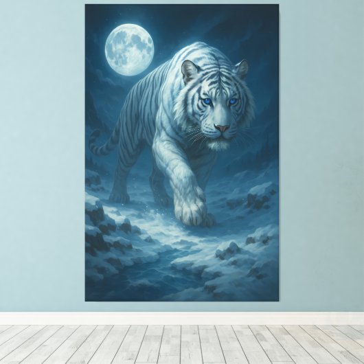 Frost King White Tiger – Majestic Icy Guardian Wal Canvas Afdruk (Insitu (Houten vloer))