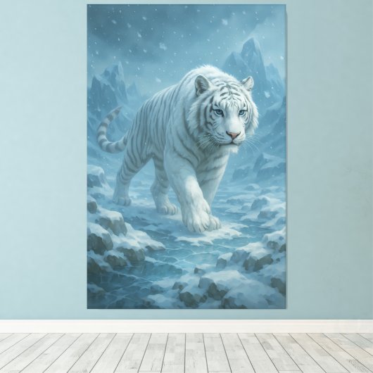 Frost King White Tiger – Majestic Icy Guardian Wal Canvas Afdruk (Insitu (Houten vloer))