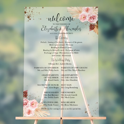 Frosted Acryl Boho Bruiloft Ceremonie Programma Te Bord (Neutraal)