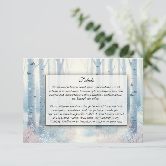 Frosted Blue Birch Forest bruiloft Informatiekaartje (Staand voorkant)