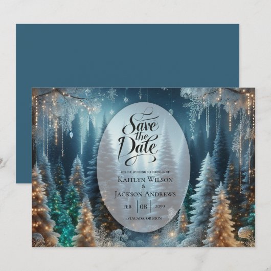 Frosted Pines in Winter Glow Wedding Save The Date (Voorkant / Achterkant)
