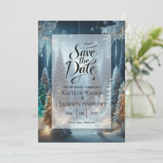 Frosted Pines in Winter Glow Wedding Save The Date (Staand voorkant)